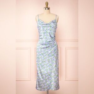 Lavender Floral Cowl Neck Midi Slip Satin Dress